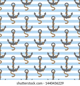 Nautical Anchor Stripes Vector Seamless Pattern with Anchors, Rope and Stripes in Blue, Grey and Brown. Perfect For Wrapping Paper, Fashion, Textiles and Fabric Design.