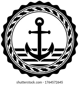 Nautical Anchor symbol vector with nautical rope in black color on isolated white background.