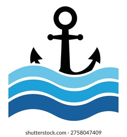 Nautical anchor symbol with wavy blue ocean waves icon graphic icon
