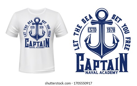 Nautical anchor T-shirt print, vector navy blue template mockup. Sea and ocean naval academy sign with blue ship anchor symbol, t-shirt mockup and text.