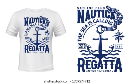 Nautical anchor t-shirt print of yacht club regatta and sailing sport. Vector mockup with anchor, chain, marine navigation compass wind rose and sea waves, yachting, sailboat racing or cruising design