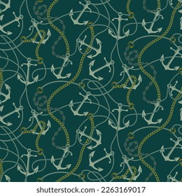 Nautical anchors chains and ropes patchwork marine vector seamless pattern