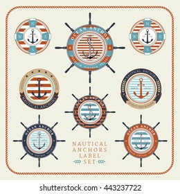 Nautical anchors label  set in blue, yellow and red colours