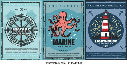 Nautical anchors, marine sailing ships and sea helm, sailboat rope, ocean octopus, navy lighthouse and vintage navigation beacon vector posters. Maritime travel and marine adventure themes