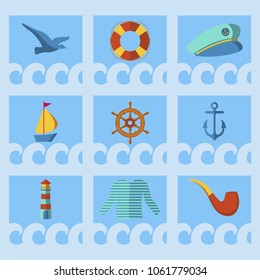 Nautical animal elements wave ocean sea blue marine vector illustration.