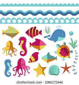 Nautical animal elements wave ocean sea blue marine vector illustration.