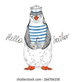 nautical animal illustration, little penguin sailor