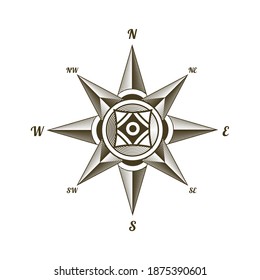 Nautical antique compass sign. Old vector design element for marine theme and heraldry on white background. Vintage vector wind rose label emblem