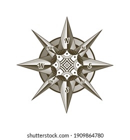Nautical antique compass sign. Old vector design element for marine theme and heraldry on white background. Vintage vector wind rose label emblem