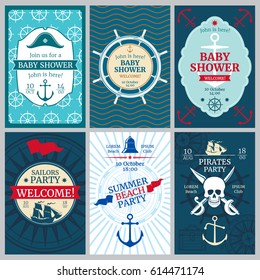 Nautical baby shower, birthday, beach party vector invitation cards. Template of nautical banner for birthday party, illustration of birthday poster