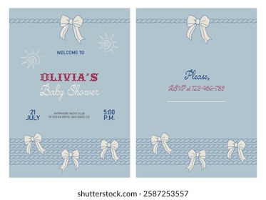 Nautical Baby shower invitation template with cute bow and anchor ropes ready for printing. Baby Girl postcard. Summer aesthetic

