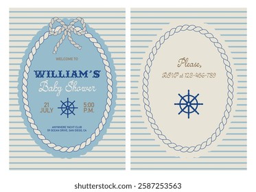 Nautical Baby shower invitation template with cute rope's bow and ship's rudder ready for printing. Baby Boy postcard.