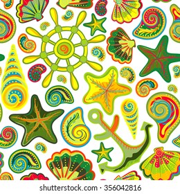 Nautical background, bright seamless pattern with sea shells, anchor, wheel, starfish on white backdrop