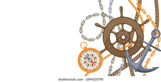 Nautical background with sailing items, ropes and chains. Marine decorative card.