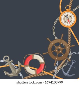 Antecedentes náuticos con elementos de vela, cuerdas y cadenas. Tarjeta decorativa marina.