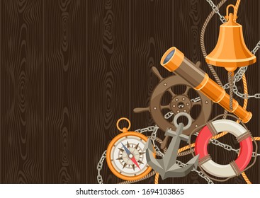 Nautical background with sailing items, ropes and chains. Marine decorative card.