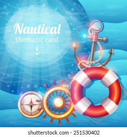 Nautical background with sailing travel marine discovery sea adventures symbols vector illustration