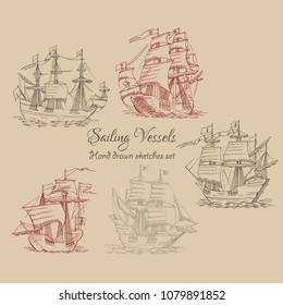 Nautical background with sailing vessels. Hand drawn sketches for summer holidays.Travel, marin and ocean. Vector Illustration