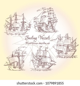 Nautical background with sailing vessels. Hand drawn sketches for summer holidays.Travel, marin and ocean. Vector Illustration