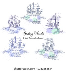 Nautical background with sailing vessels. Hand drawn elements for summer holidays.Travel, marin and ocean. Vector Illustration