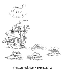 Nautical background with sailing vessels with waves. Vector Illustration