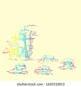 Nautical background with sailing vessels with waves. Vector Illustration