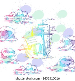 Nautical background with sailing vessels with waves. Vector Illustration