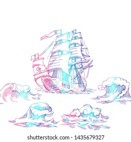 Nautical background with sailing vessels with waves. Vector Illustration