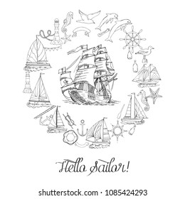 Nautical background with sailing vessels and wheel, seahorse,  dolphin and sea knots. Hand drawn elements for summer holidays.Travel, marin and ocean. Vector Illustration