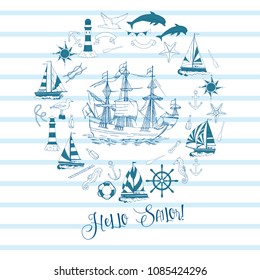 Nautical background with sailing vessels and wheel, seahorse,  dolphin and sea knots. Hand drawn elements for summer holidays.Travel, marin and ocean. Vector Illustration