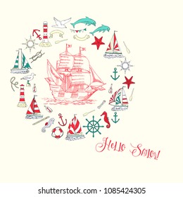 Nautical background with sailing vessels and wheel, seahorse,  dolphin and sea knots. Hand drawn elements for summer holidays.Travel, marin and ocean. Vector Illustration