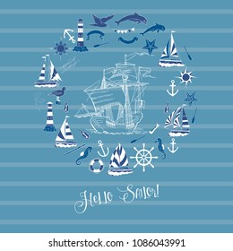 Nautical background with sailing vessels and wheel, seahorse,  dolphin and sea knots. Hand drawn elements for summer holidays.Travel, marin and ocean. Vector Illustration