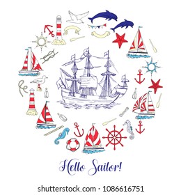 Nautical background with sailing vessels and wheel, seahorse,  dolphin and sea knots. Hand drawn elements for summer holidays.Travel, marin and ocean. Vector Illustration