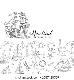 Nautical background with sailing vessels and wheel, seahorse, dolphin and sea knots. Hand drawn elements for summer holidays.Travel, marin and ocean. Vector Illustration