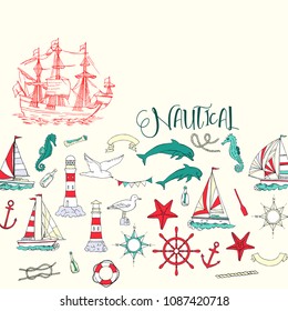 Nautical background with sailing vessels and wheel, seahorse, dolphin and sea knots. Hand drawn elements for summer holidays.Travel, marin and ocean. Vector Illustration