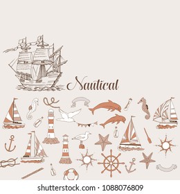 Nautical background with sailing vessels and wheel, seahorse, dolphin and sea knots. Hand drawn elements for summer holidays.Travel, marin and ocean. Vector Illustration