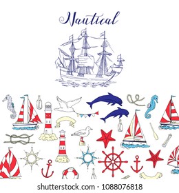 Nautical background with sailing vessels and wheel, seahorse, dolphin and sea knots. Hand drawn elements for summer holidays.Travel, marin and ocean. Vector Illustration