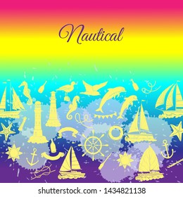 Nautical background with sailing vessels and wheel, seahorse, dolphin and sea knots. Hand drawn elements for summer holidays.Travel, marin and ocean. Vector Illustration