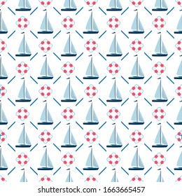 Nautical background. Sailing yacht. Steering wheel. Vector pattern, marine background. Seamless template can be used for wallpaper, pattern fills, web page background, surface textures.
