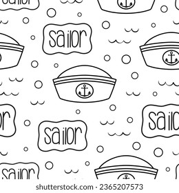 nautical background with sailor caps, outline maritime pattern with sea caps, flat style