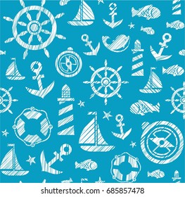 Nautical background, seamless, blue, vector. The attributes of a sea voyage on turquoise background. White pictures drawn with diagonal hatching. Vector pattern. 