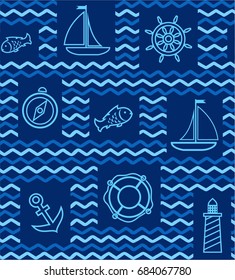 Nautical background, seamless, blue, wave, zigzag, contour drawing. Blue line drawings of the attributes of sea travel. Vector dark blue background. 