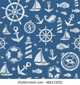 Nautical background, seamless, dark blue, vector. The attributes of a sea voyage on a dark blue background. White pictures drawn with diagonal hatching. Vector pattern. 