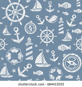 Nautical background, seamless, gray-blue, vector. The attributes of a sea voyage in gray-blue background. White pictures drawn with diagonal hatching. Vector pattern. 