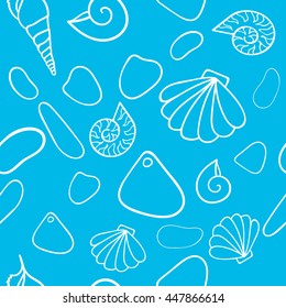 Nautical background, seamless summer pattern. Underwater world, the cute shells