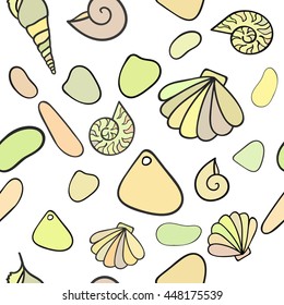 Nautical background, seamless summer pattern. Underwater world, the cute shells