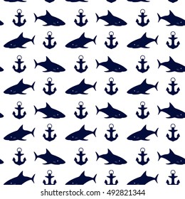 Nautical background, seamless texture with a shark and a anchor, vector illustration.