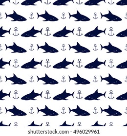 Nautical background, seamless texture with a shark and a anchor, vector illustration.