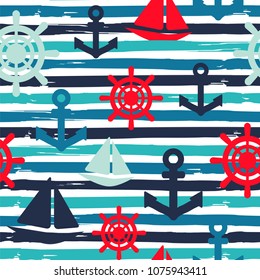 Nautical background. Seamless vector pattern with wheels, anchors and boats.