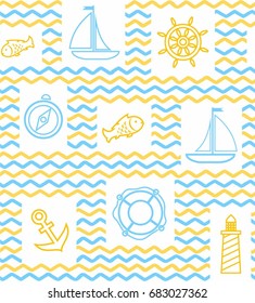 Nautical background, seamless, wave, zigzag, contour drawing, yellow and white. Yellow and blue line drawings of the attributes of sea travel. Vector white background.  